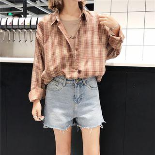 Plaid Mock Two-piece Long-sleeve Blouse