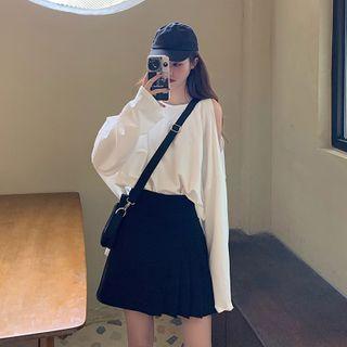 Side-slit Cold-shoulder Oversize Long-sleeve T-shirt