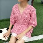 Gingham V-neck Elbow-sleeve Blouse