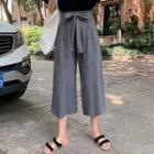 High-waist Plain Tie-strap  Cotton Linen Capri Wide-leg Pants
