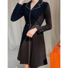 Open-placket Piped Midi Dress With Belt