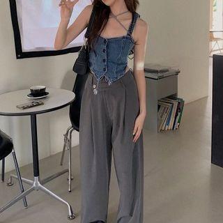 Denim Cropped Camisole Top / Wide Leg Dress Pants