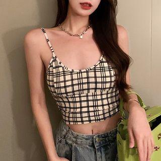 Cropped Padded Plaid Camisole Top Plaid - Light Khaki - One Size