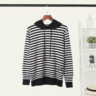 Drawstring Striped Hooded Knit Top