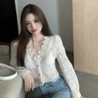 V Neck Lace Long-sleeve Blouse Almond - One Size
