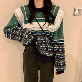 Frill Trim Patterned Knit Top