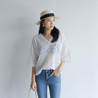 V-neck 3/4-sleeve Eyelet Top
