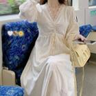 Long-sleeve V-neck Lace Drawstring Dress