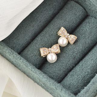 925 Sterling Silver Rhinestone Ribbon Stud Earring 1 Pair - 925 Silver - Earring - One Size