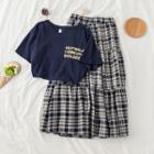 Set: Short-sleeve Lettering T-shirt + Check Tiered Skirt