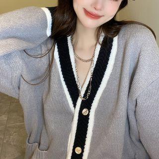 Color Block Cardigan / Knit Wide-leg Pants