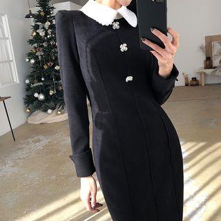 Contrast-collar Midi Sheath Dress
