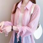 Puff-sleeve Ribbon-cuff Plain Chiffon Shirt