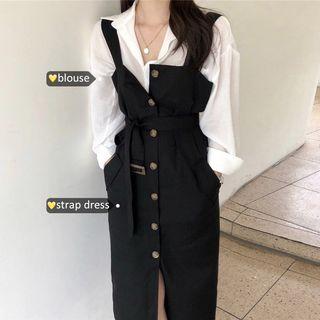 Plain Blouse / Buttoned Midi Pinafore Dress