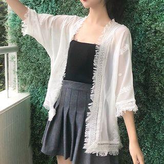 Lace Trim 3/4-sleeve Open Front Jacket White - One Size