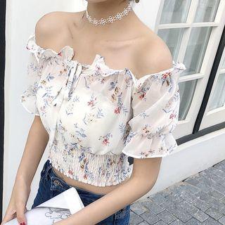Off-shoulder Floral Short-sleeve Top