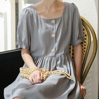 Plain Puff-sleeve Button Mini A-line Dress