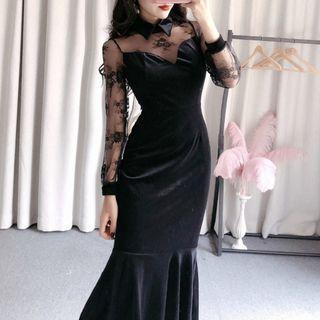 Long-sleeve Lace Panel Velvet Midi Sheath Dress