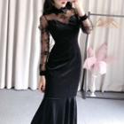 Long-sleeve Lace Panel Velvet Midi Sheath Dress
