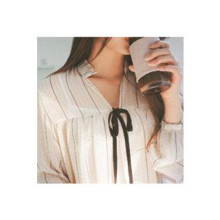 Mandarin-collar Ribbon Stripe Chiffon Top