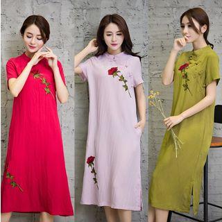 Flower Embroidered Short Sleeve Midi Qipao