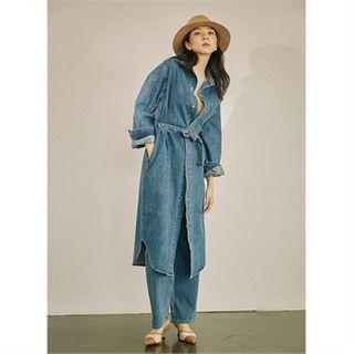 Pocket-front Long Denim Jacket With Sash Blue - One Size
