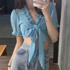Short-sleeve Front Knot Top Blue - One Size
