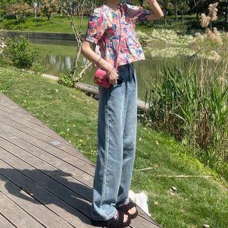 Puff Sleeve V-neck Floral Flowy Blouse / Mid-rise Plain Wide-leg Jeans
