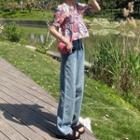 Puff Sleeve V-neck Floral Flowy Blouse / Mid-rise Plain Wide-leg Jeans