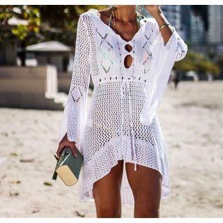 Bell-sleeve Perforated A-line Beach Dress