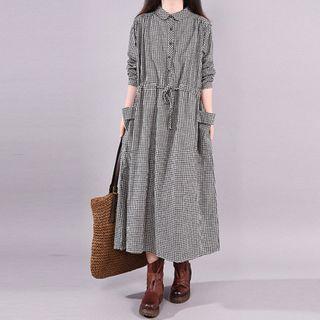 Gingham Long-sleeve Tie-waist Midi A-line Shirtdress