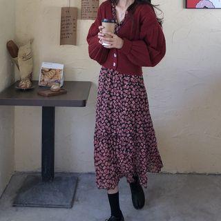 Floral Long-sleeve Midi A-line Dress / Lantern-sleeve Cardigan