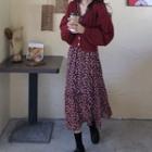 Floral Long-sleeve Midi A-line Dress / Lantern-sleeve Cardigan