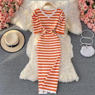 Short Sleeve V-neck Stripe Knit Dress
