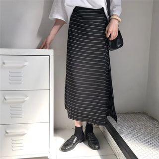 Pinstriped Slit A-line Midi Skirt