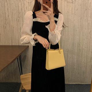 Sheer Panel Long-sleeve Midi A-line Dress Black - One Size