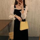 Sheer Panel Long-sleeve Midi A-line Dress Black - One Size