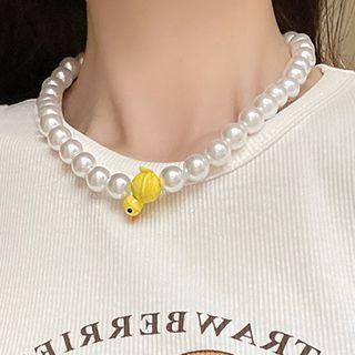 Duck Pendant Faux Pearl Necklace Yellow Duck Necklace - White - One Size