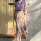 Short-sleeve Button Knit Top / Floral Print Midi Mermaid Skirt