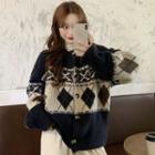 Long-sleeve Round Neck Patterned Button-up Knit Cardigan