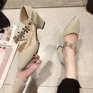 Chunky Heel Rhinestone Floral Strap Sandals