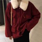 Fleece-collar Pocketed Jacket Wine Red - One Size