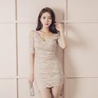 Short-sleeve Dip-back Lace Bodycon Dress