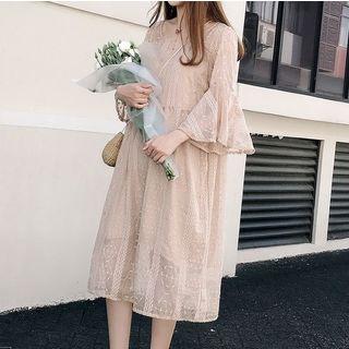 Set: Embroidered Bell-sleeve A-line Dress + Slipdress