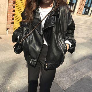 Faux Leather Zip Oversize Jacket Black - One Size