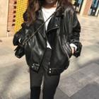Faux Leather Zip Oversize Jacket Black - One Size