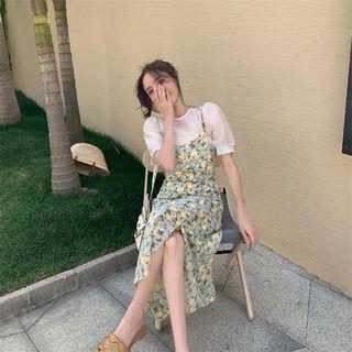 Set: Spaghetti-strap Floral Midi A-line Dress + Puff-sleeve Top