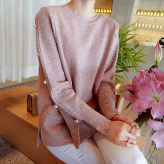 Slit-cuff Faux-pearl Trim Knit Top