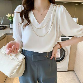 Short-sleeve V-neck Plain Chiffon Blouse With Chain