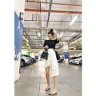 Set: Short-sleeve Feather Print T-shirt + Frill Trim Midi Skirt Black & White - One Size